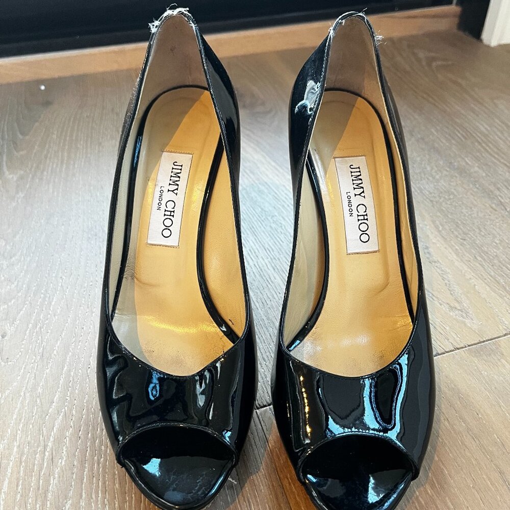 Jimmy Choo Patent Leather Black Open Toe Pump